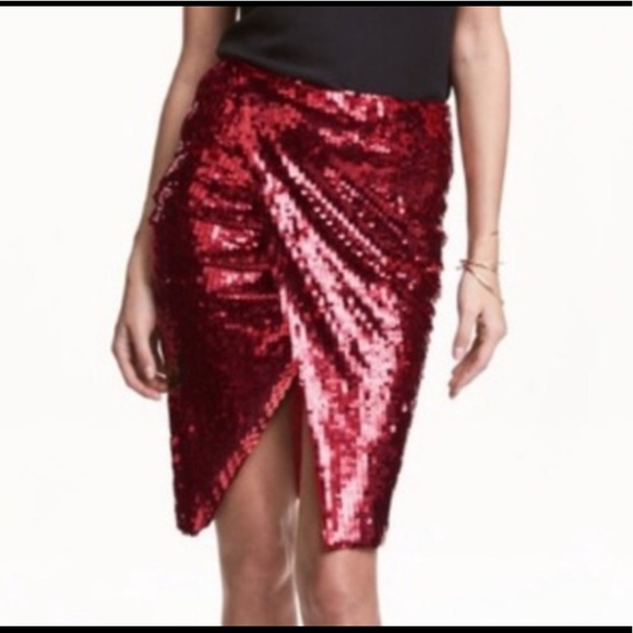 H&M Dresses & Skirts - H&M Red Sequin Faux Wrap Skirt Sz. 10